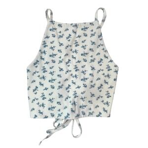 Hollister Floral High Neck Open Back Tie‎ Crop Top White Blue XS